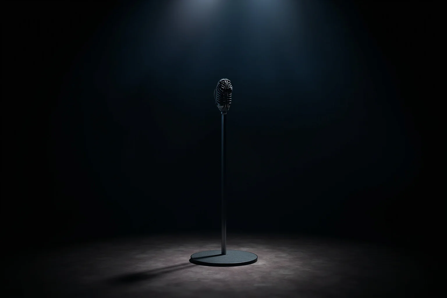 22 Hollywood Stars Whose Lives Ended in Tragedy 22 An empty comedy stage microphone stand under a single spotlight in a dark room, evoking hidden sorrow behind laughter