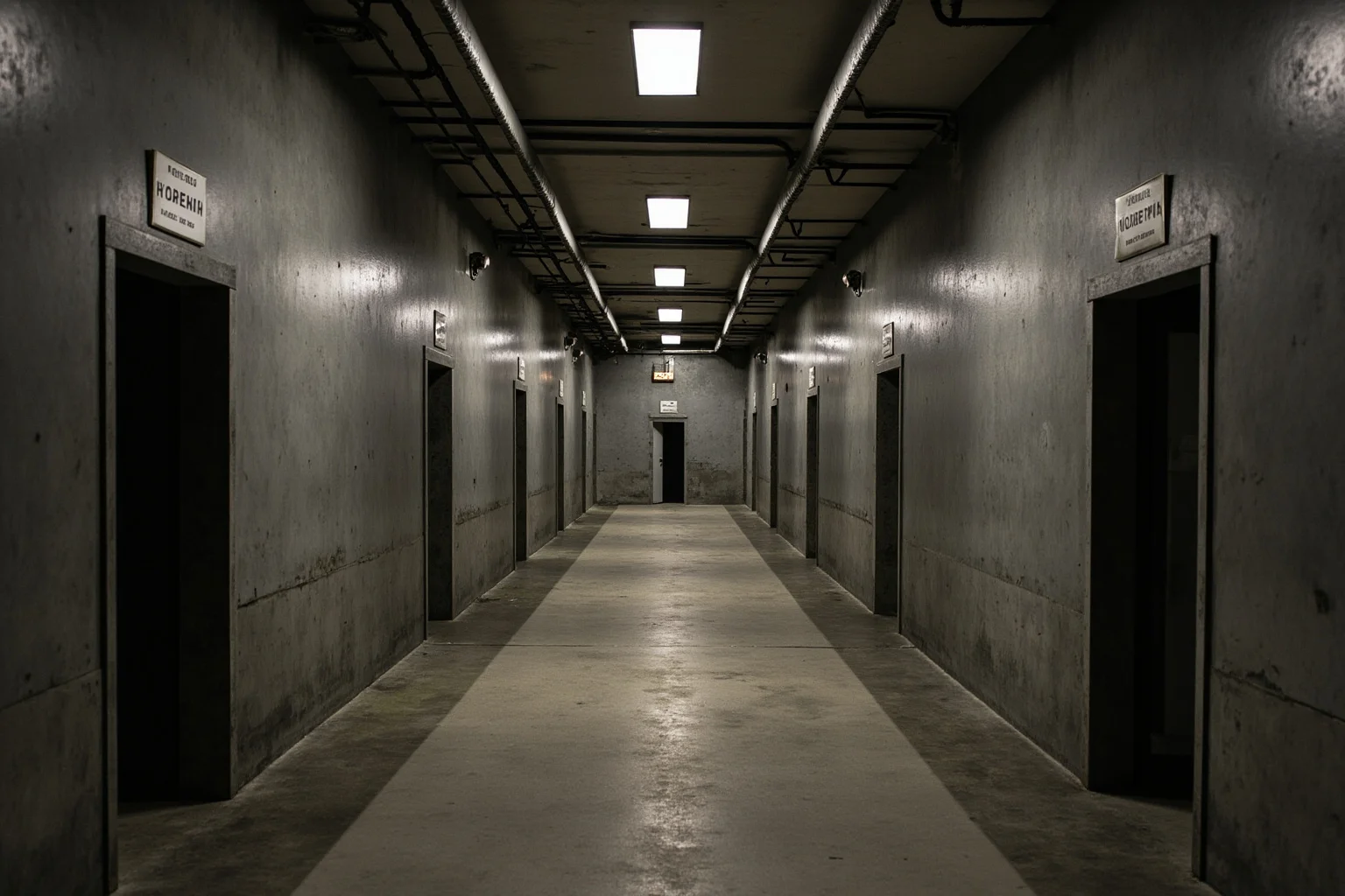 An empty converted basement corridor with small doorways, representing a simulated prison block