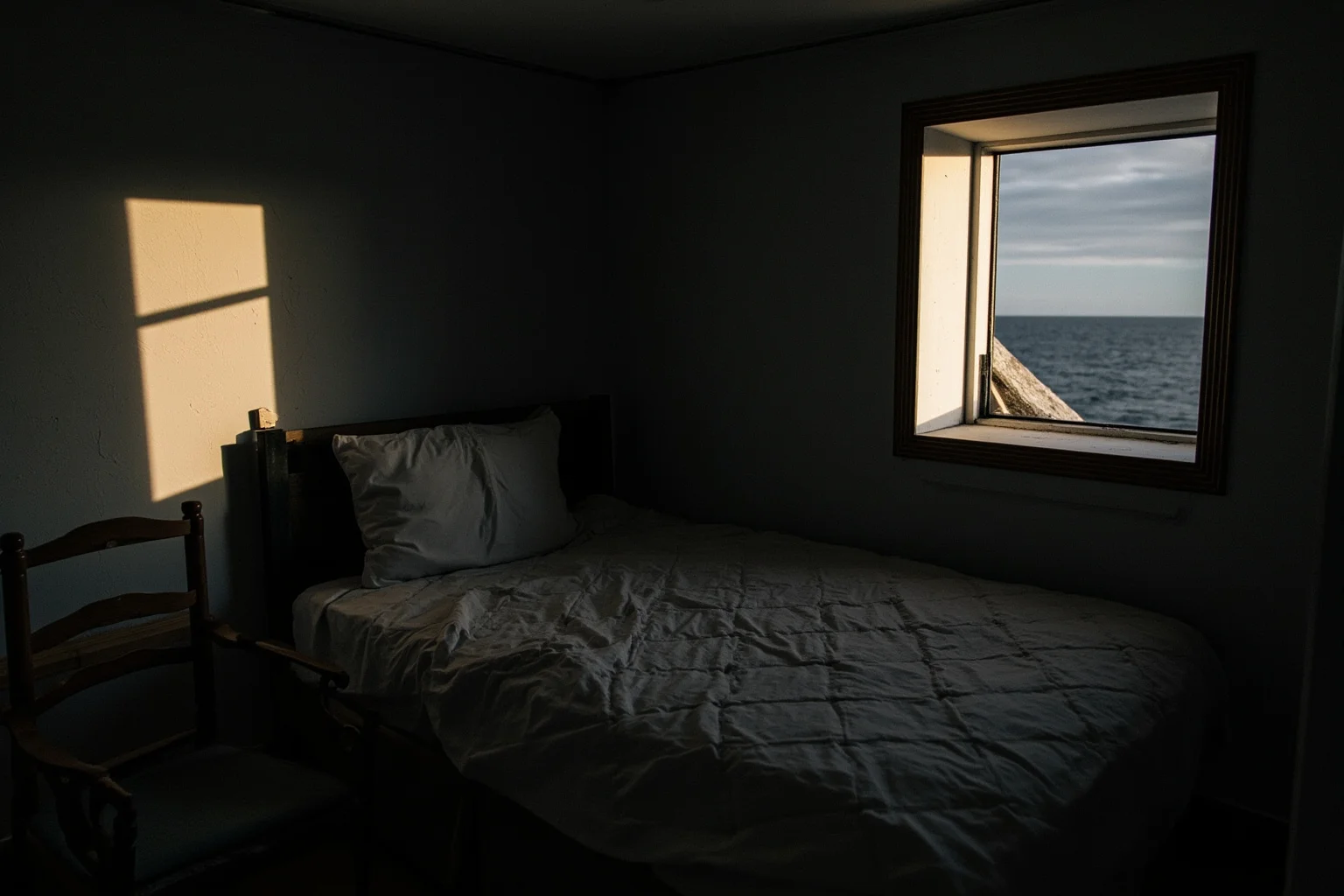 An empty, dim lighthouse living quarters with an unmade bed and a fallen wooden chair