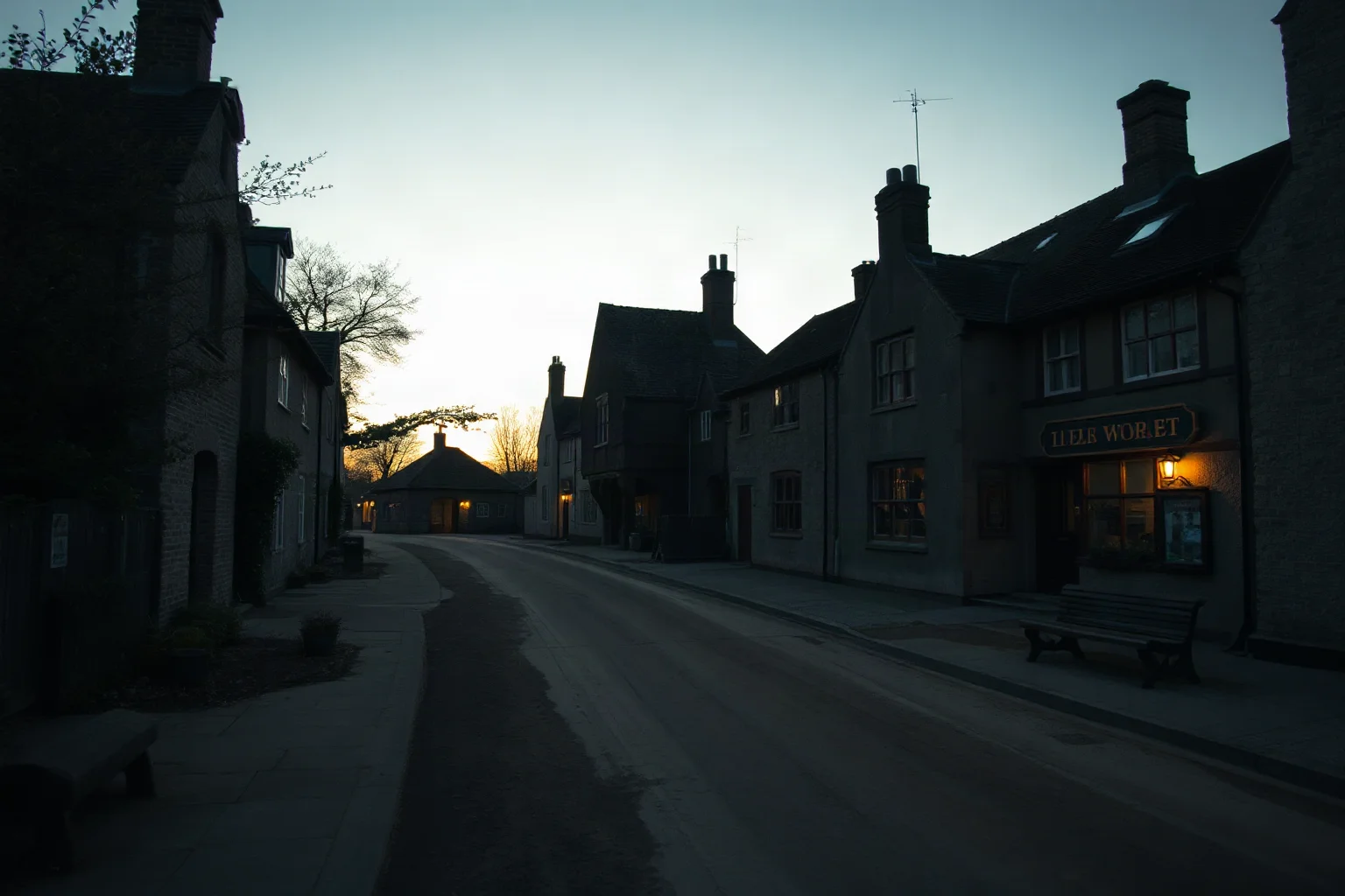 An empty, dusty road leading out of a small 16th-century English market town at dusk, symbolizing a mysterious gap in history
