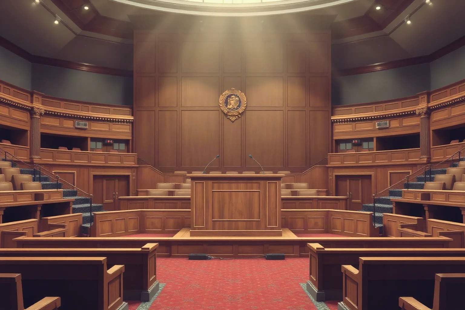 An empty formal podium in a grand legislative hall with rows of empty wooden benches, historical illustration