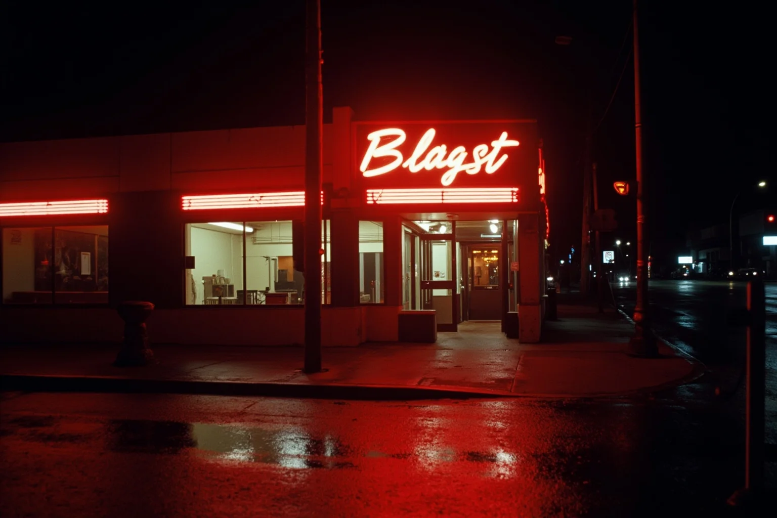 22 Hollywood Stars Whose Lives Ended in Tragedy 6 An empty nightclub entrance at night with neon signage glowing, rain-soaked sidewalk, evoking early 1990s Los Angeles