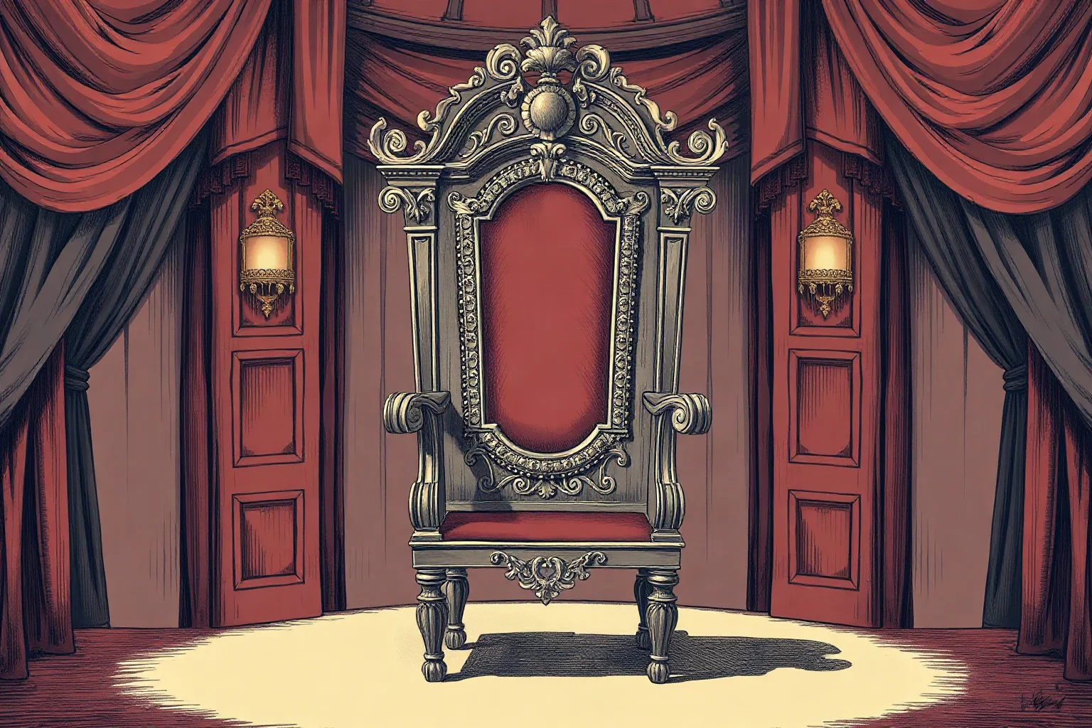 An empty ornate 18th-century chair on a stage, symbolizing a general resigning power, historical illustration style