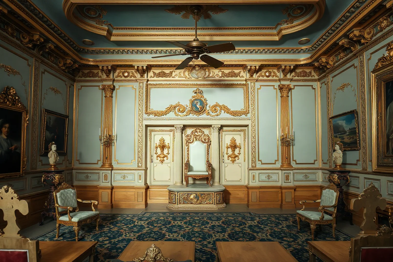 An empty ornate European throne room, symbolizing an absent ruler who never visited his overseas territory