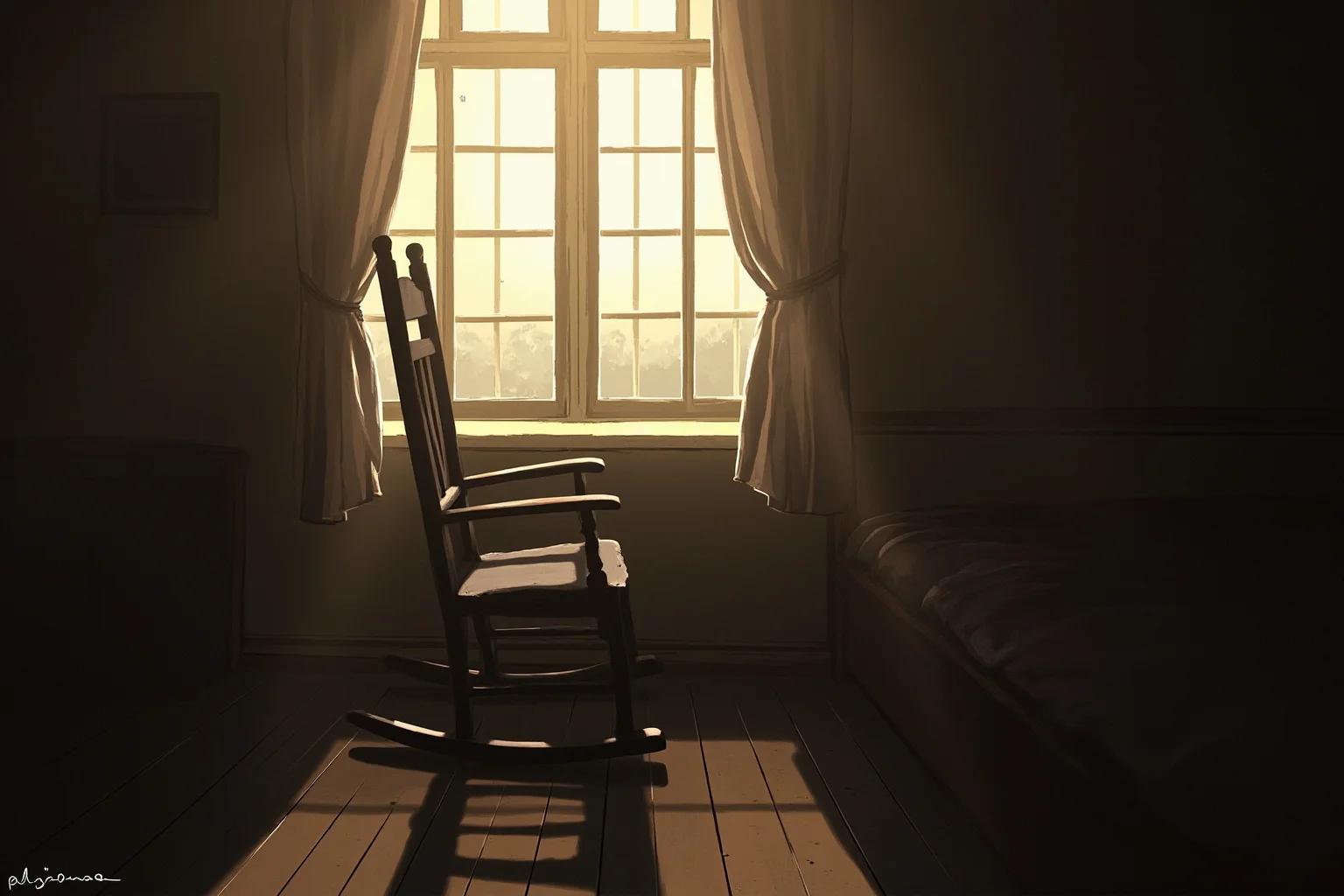 23 Facts About Hetty Green, the Billionaire Who Lived Like a Beggar 20 An empty rocking chair by a window in an old Victorian bedroom, soft evening light, illustration style