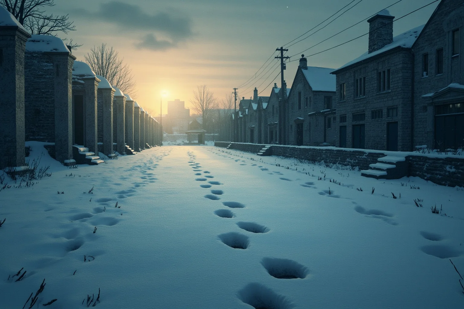 The Mad Baron Who Conquered Mongolia: The Bloody Life of Roman von Ungern-Sternberg 23 An empty snowy execution yard at dawn with a single set of footprints in the snow, somber illustration