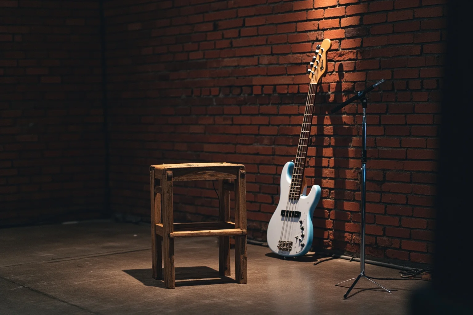 Incredible Facts About the Beatles' Greatest Band History 5 An empty stool and bass guitar leaning against a brick wall backstage, symbolizing departed band members