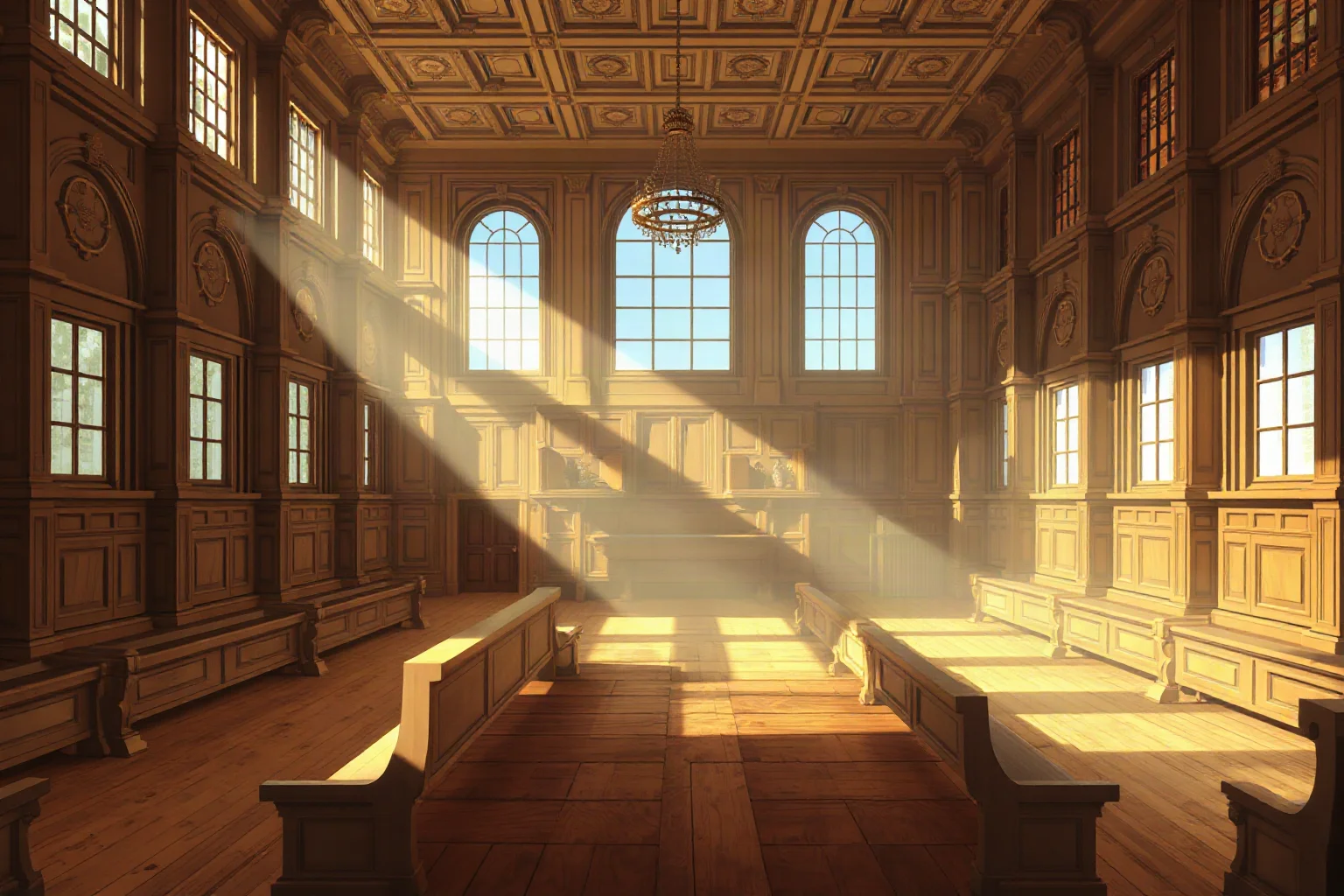 An empty wooden bench in a grand 18th-century parliamentary chamber, warm lighting, illustration style