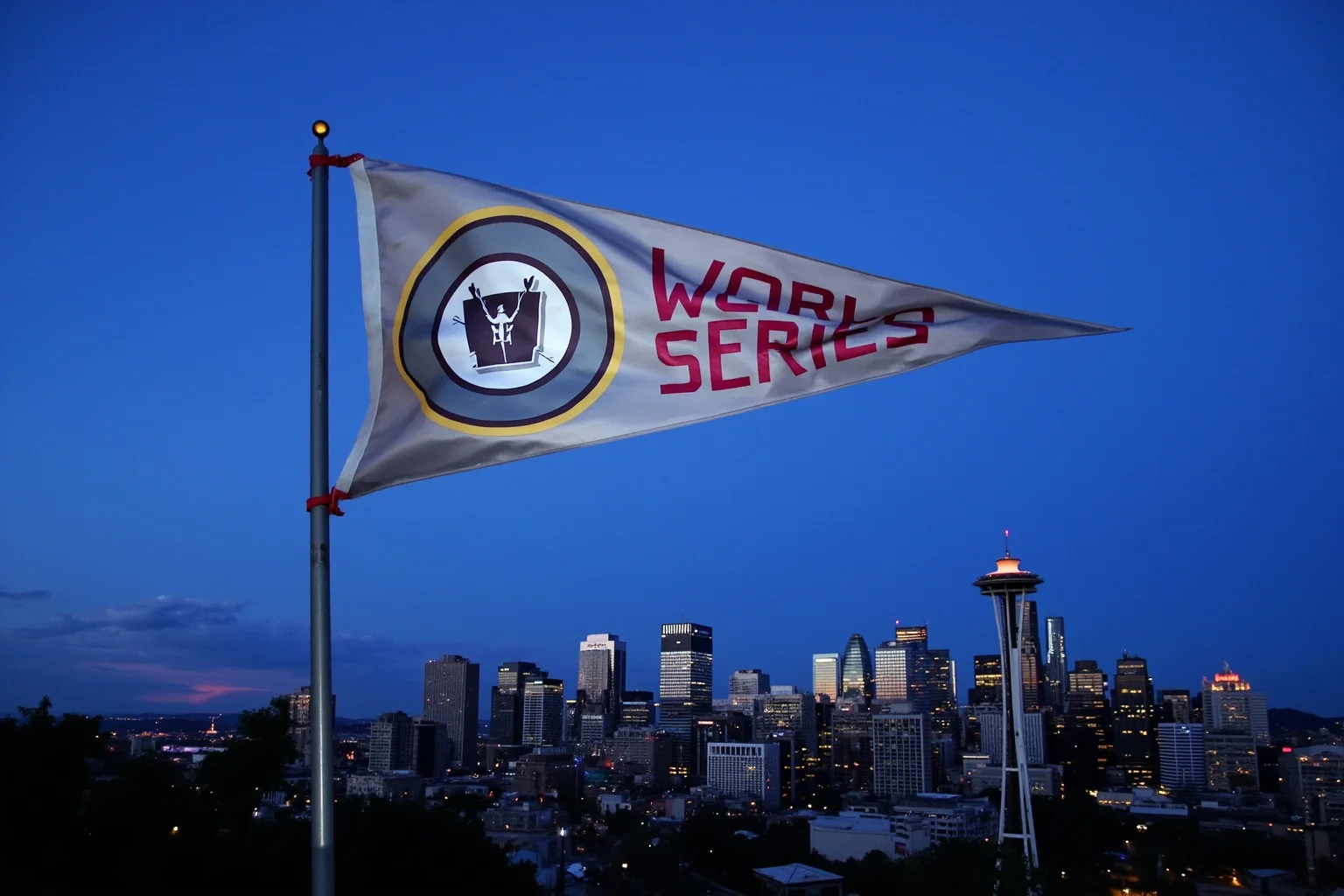 Longest Championship Droughts In Sport History 6 An empty World Series pennant flagpole beside the Seattle skyline at dusk, symbolic illustration