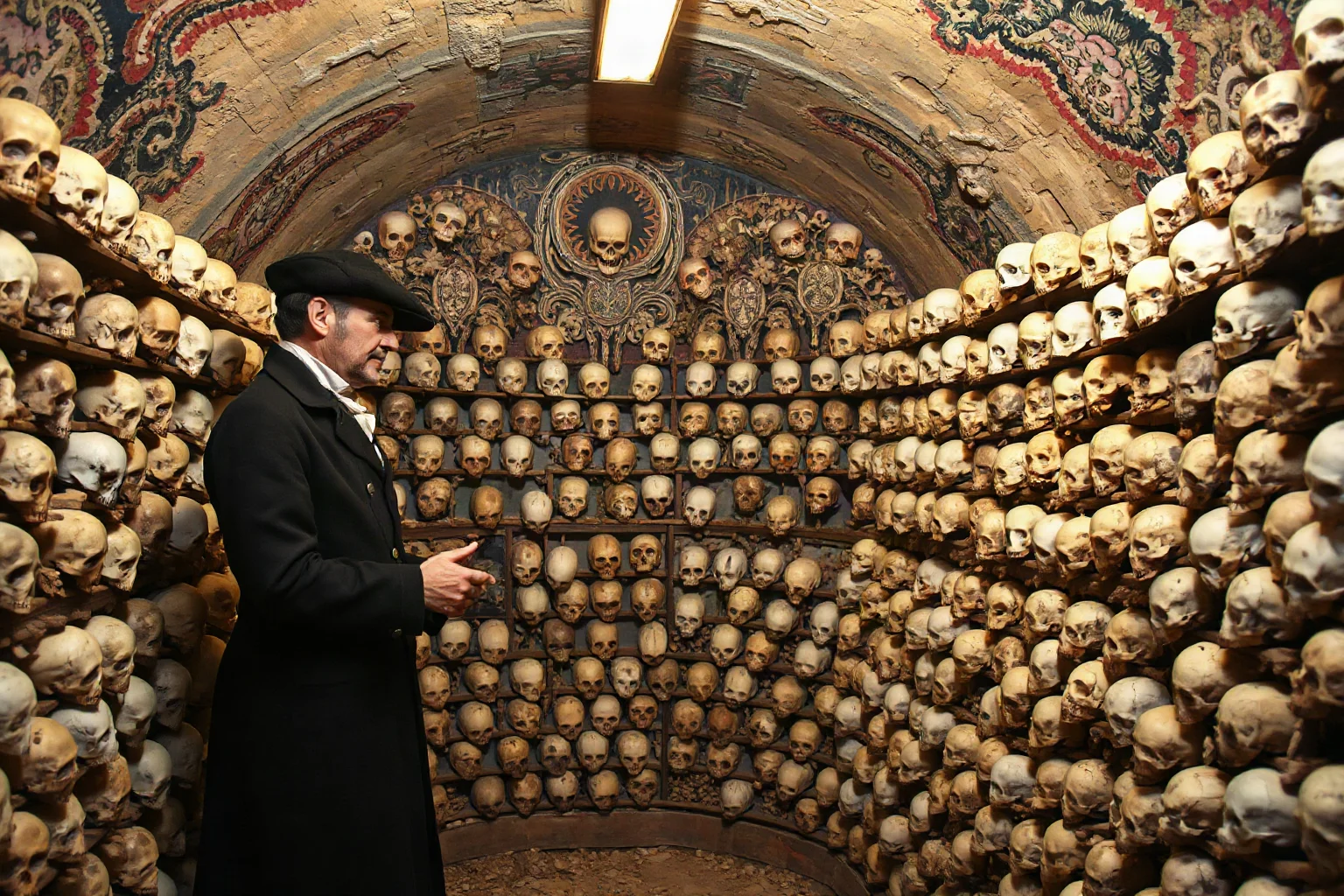 An engineer in 1800s clothing arranging human bones and skulls into deliberate decorative patterns and walls in an underground ossuary chamber