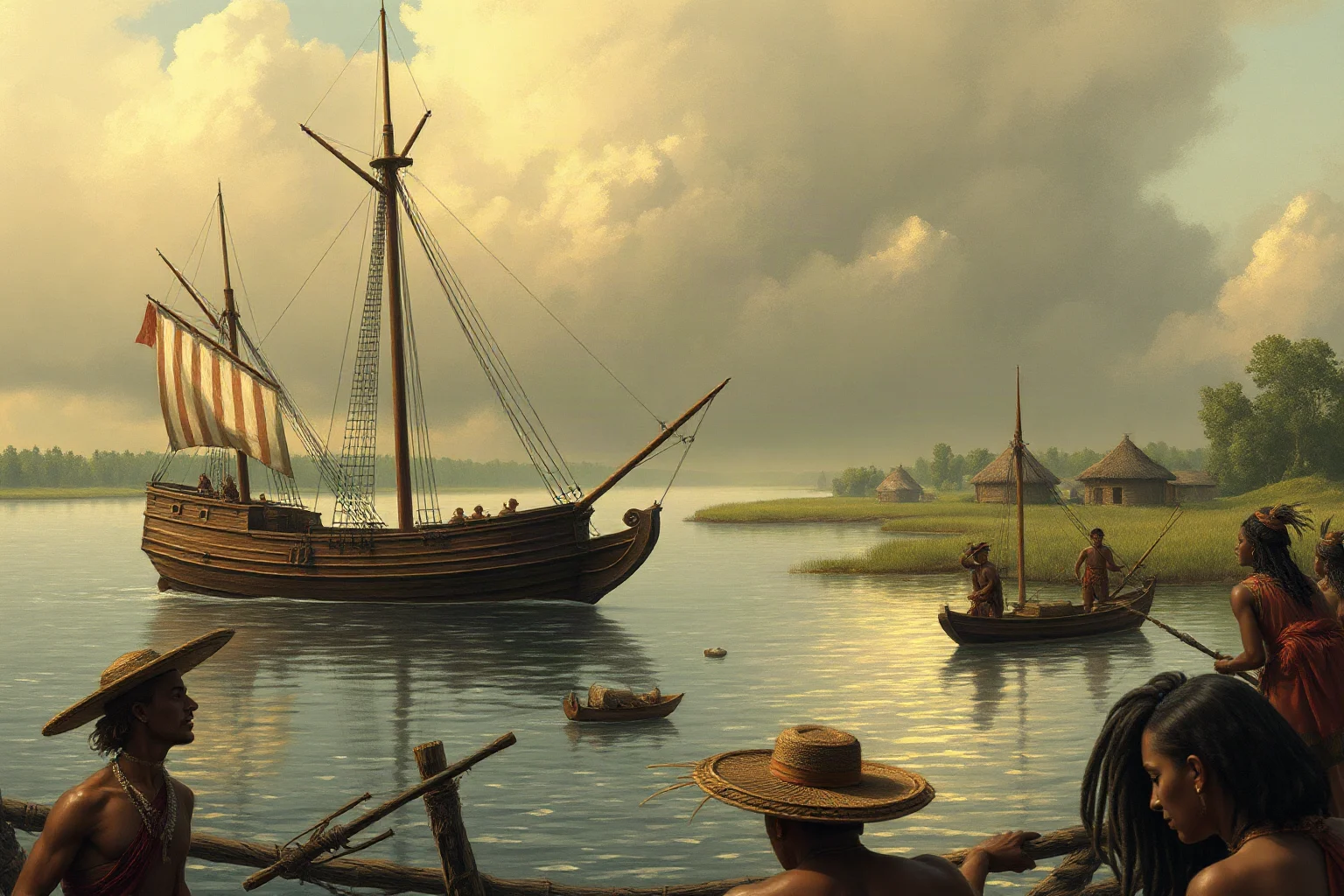 An English colonial ship anchored near a riverside Indigenous settlement, tense atmosphere, historical illustration