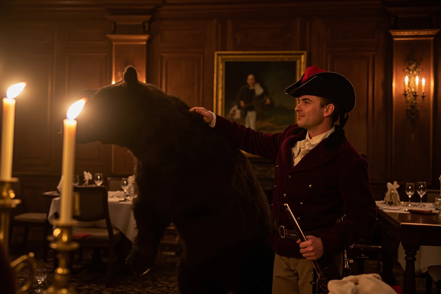 An English country squire in riding clothes leading a bear into an elegant candle-lit dining room
