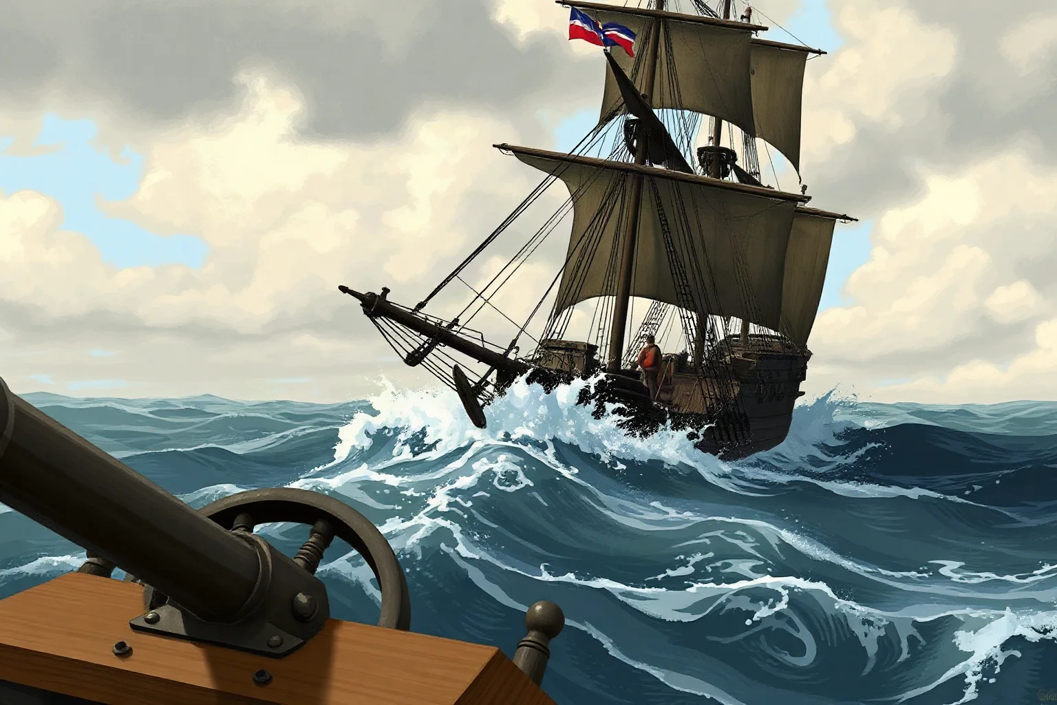 An English galleon sailing through rough open seas with cannons visible, illustrated historical style