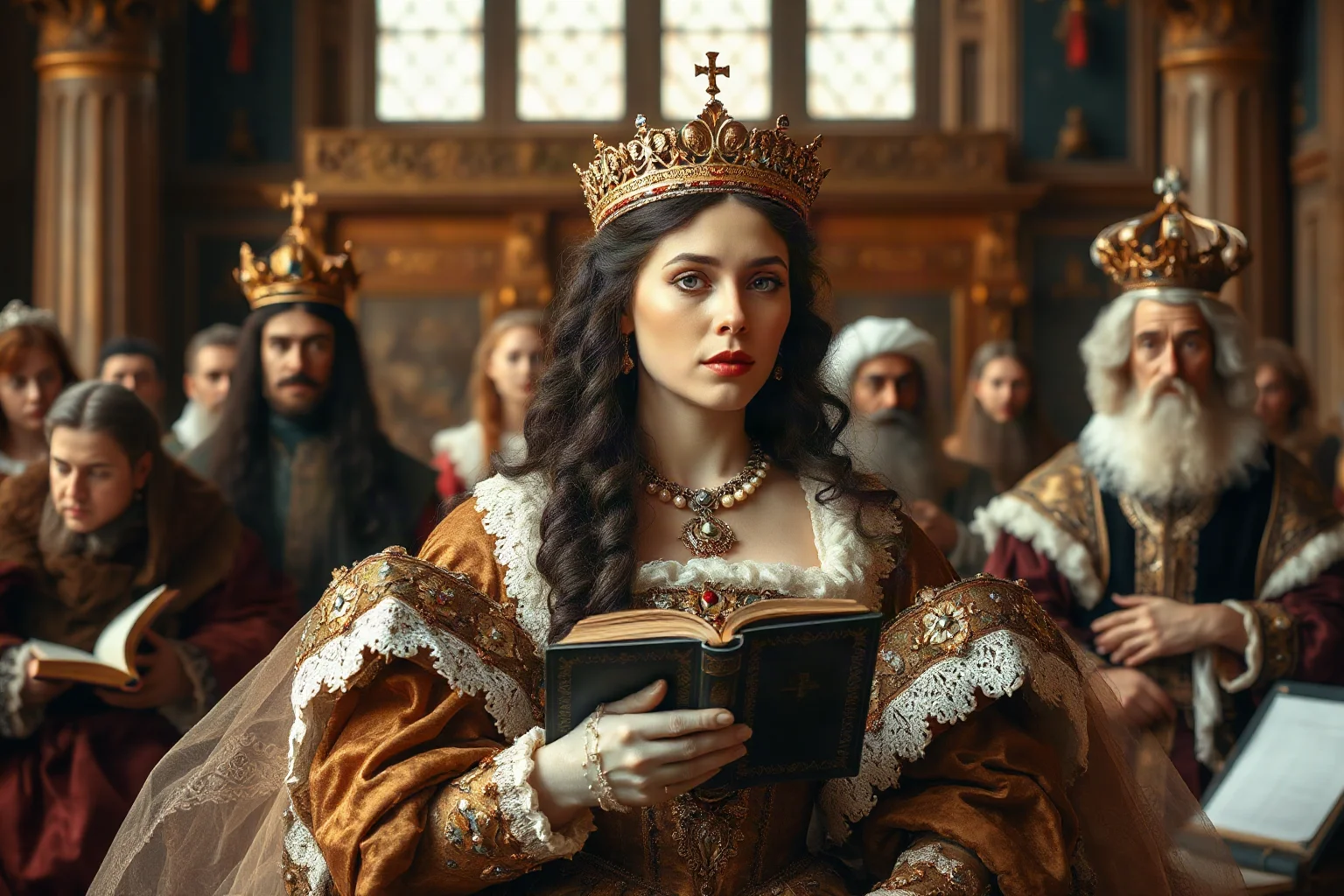 An English queen in elaborate Renaissance gown and crown, surrounded by scholars and courtiers in a palace setting, displaying intellectual authority