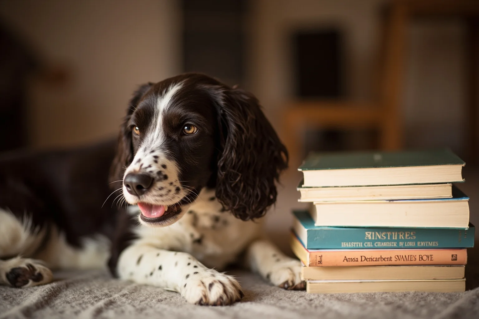 Most Famous Dogs in History: 22 Iconic Canines Who Made Their Mark 22 An English Springer Spaniel dog lying beside a stack of books in a cozy household setting