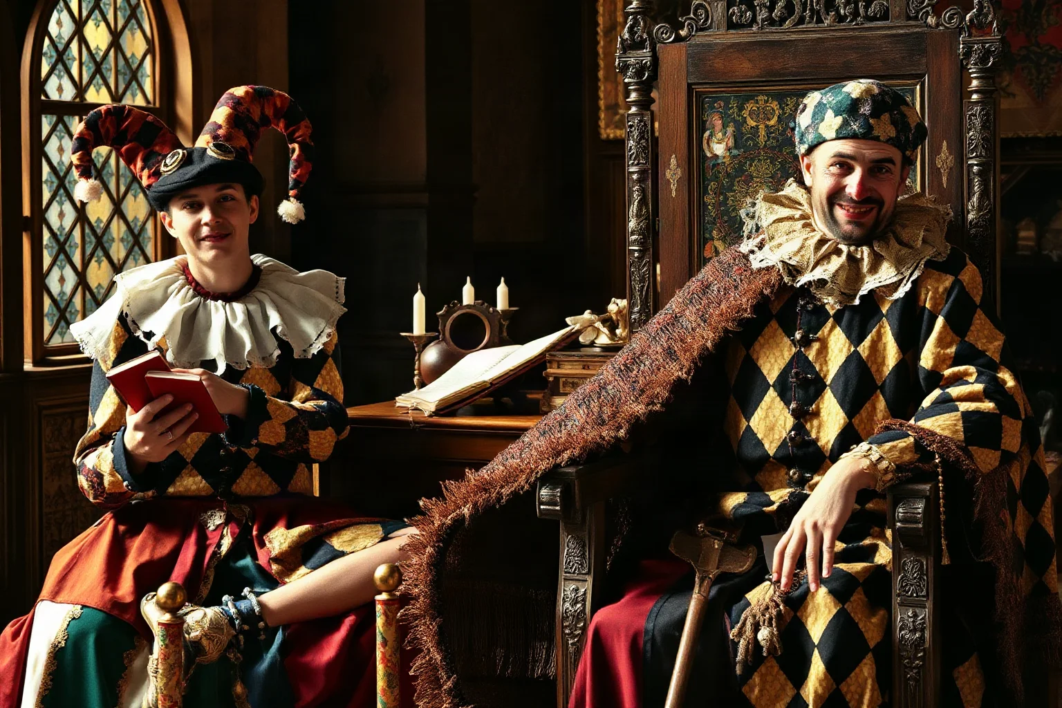 An English Tudor court jester in patchwork motley clowning beside a seated king's throne