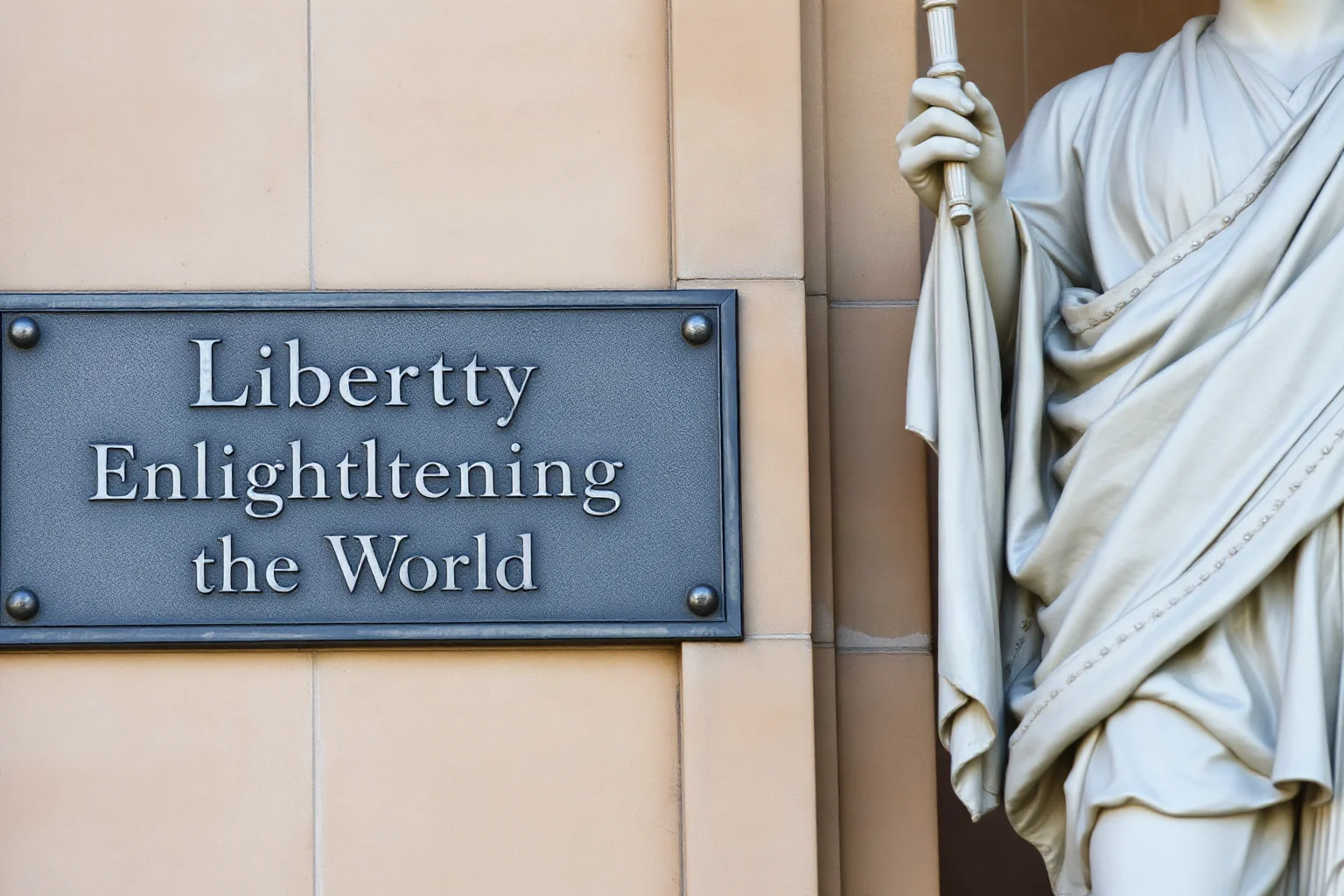 An engraved plaque reading 'Liberty Enlightening the World' beside a classical robed statue, illustrative style