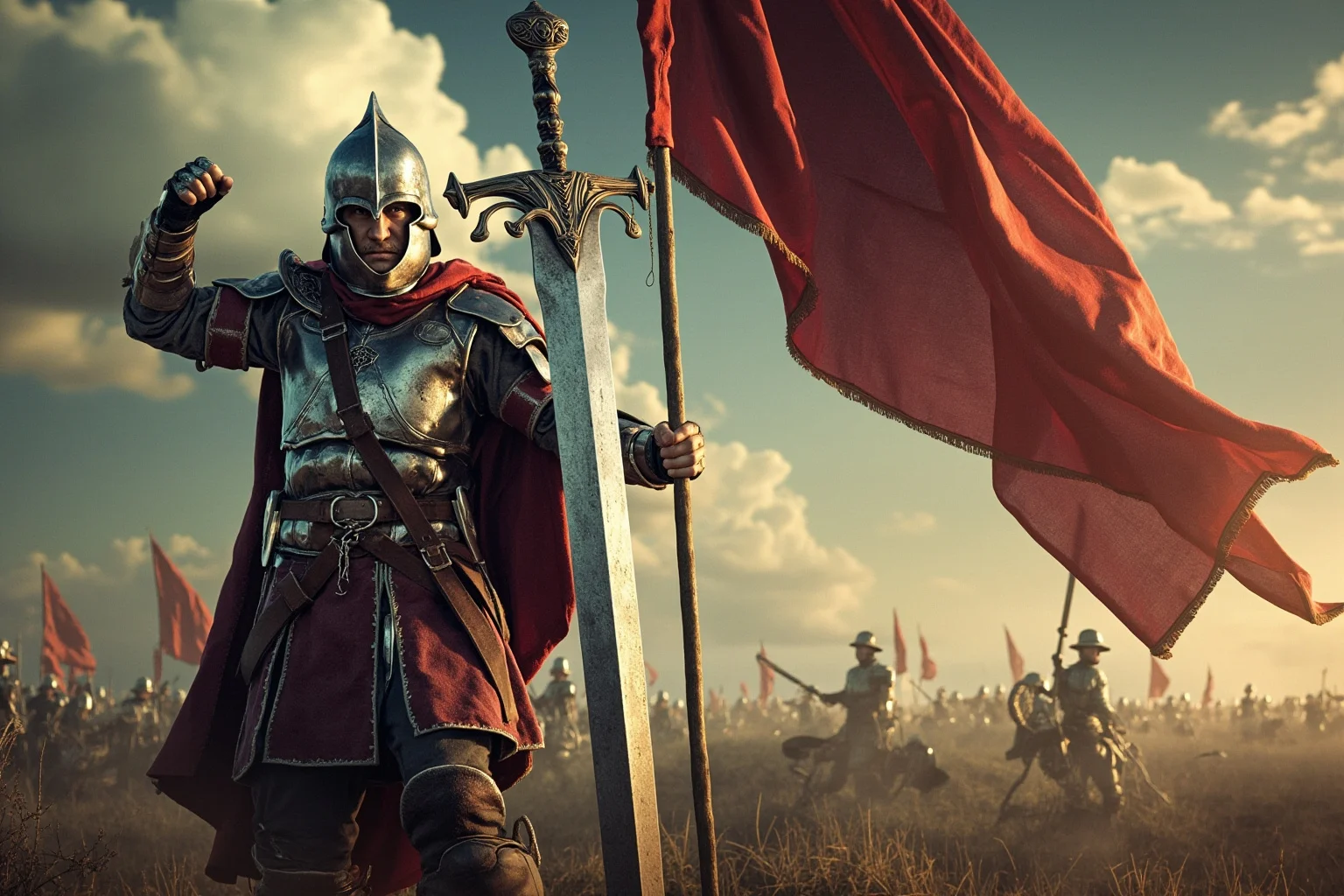 An enormous two-handed European mercenary sword taller than a man, propped against a battlefield banner