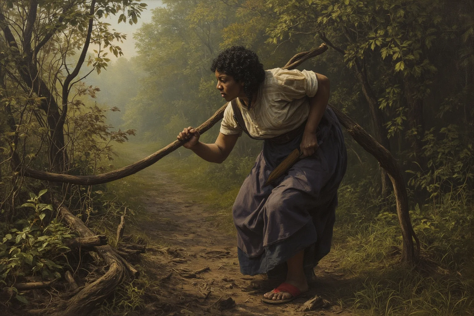 An enslaved woman making a difficult journey through woodland terrain toward freedom