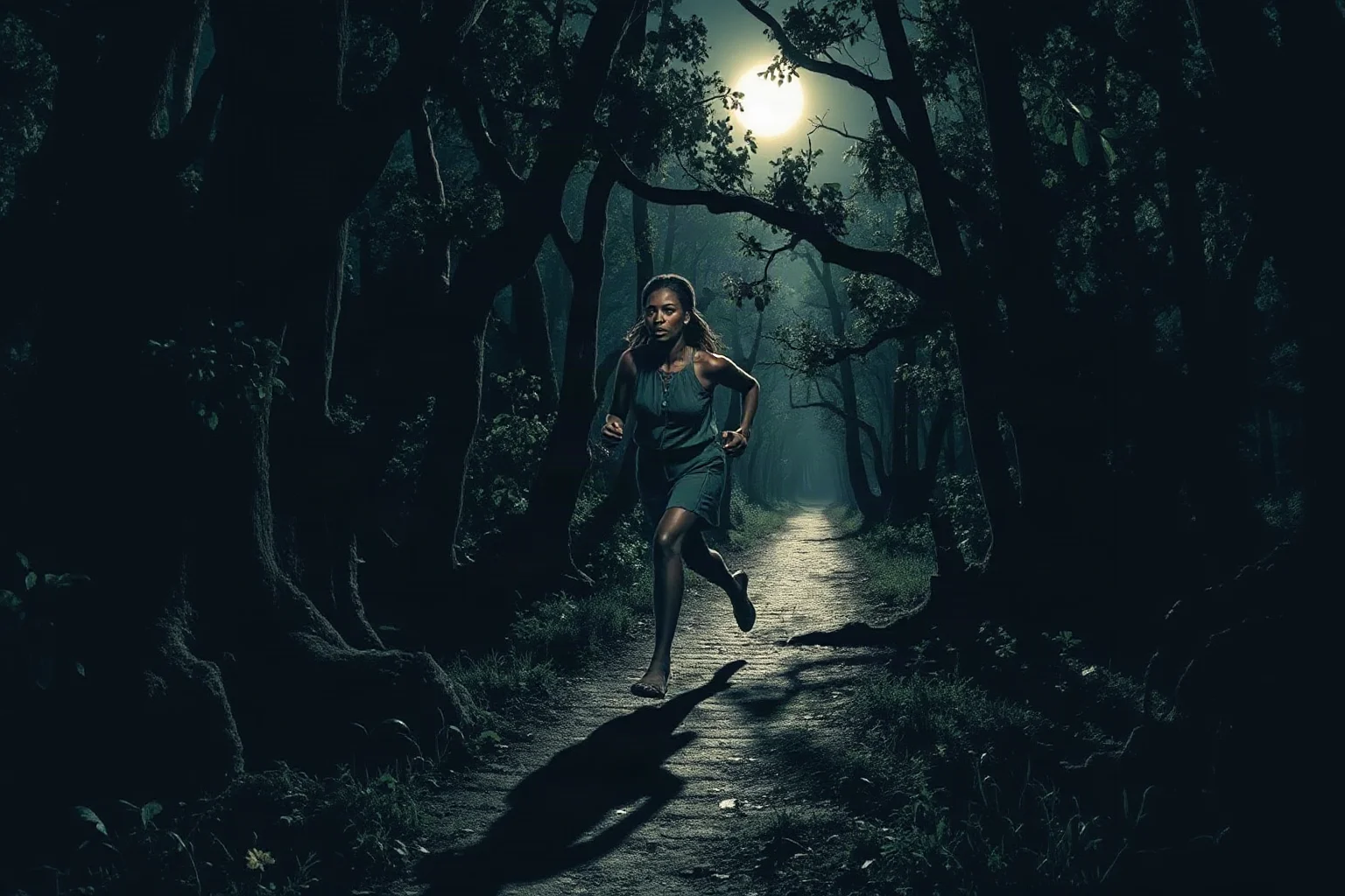 An enslaved woman running through Southern swampland and forests at night, with trees and moonlight creating dramatic shadows
