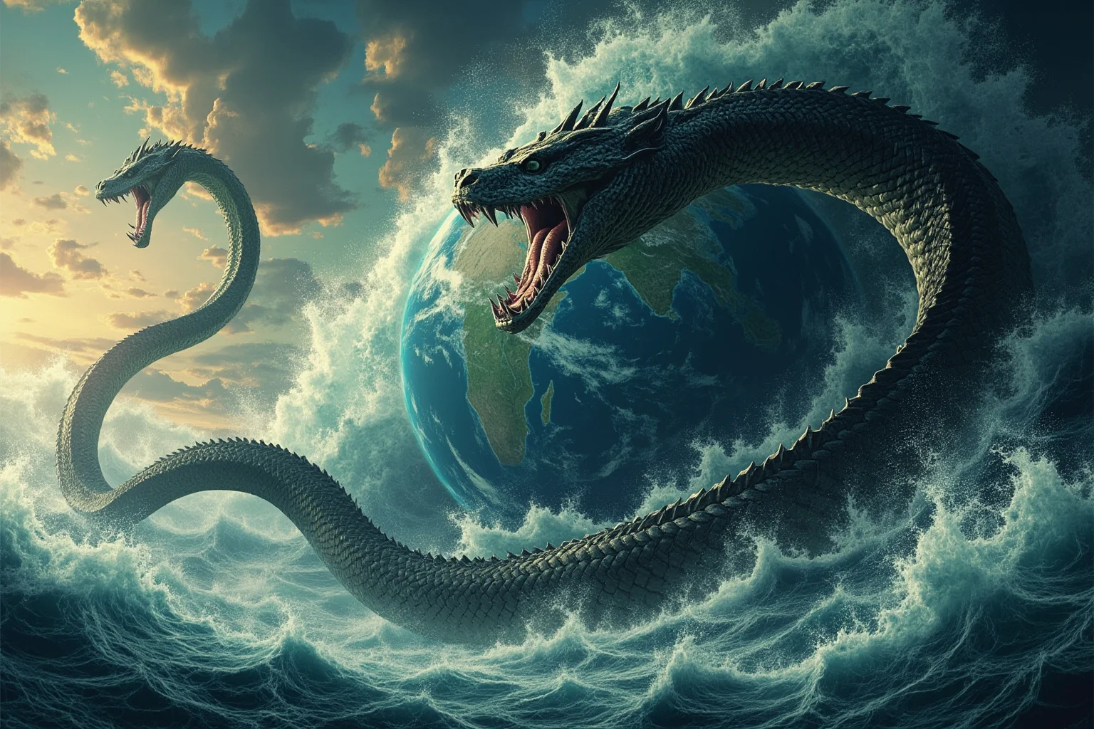 Famous Dragons Throughout History: Myths, Legends, and the Real Stories Behind Them 9 An epic illustration of a colossal serpent encircling the entire globe beneath crashing waves