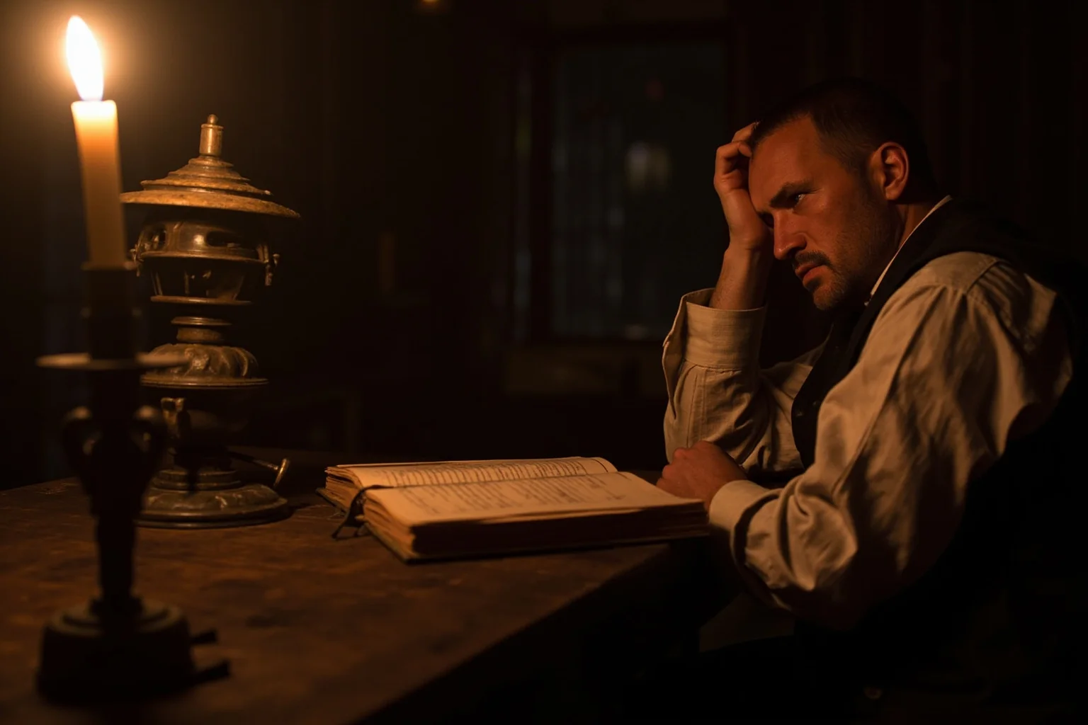 Strange History: Why Lighthouse Keepers Went Mad (Or Did They?) 7 An exhausted lighthouse keeper slumped at a small wooden desk beside an oil lamp, log book open, candlelit historical scene