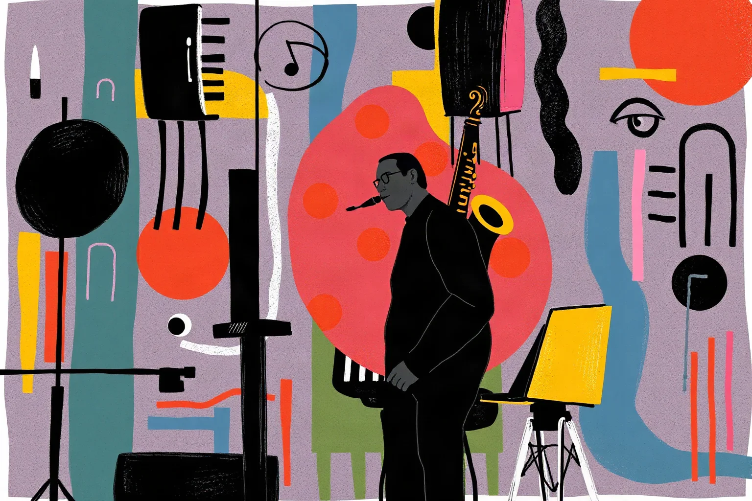 An experimental saxophonist playing amid an abstract, avant-garde stage backdrop, bold illustration style