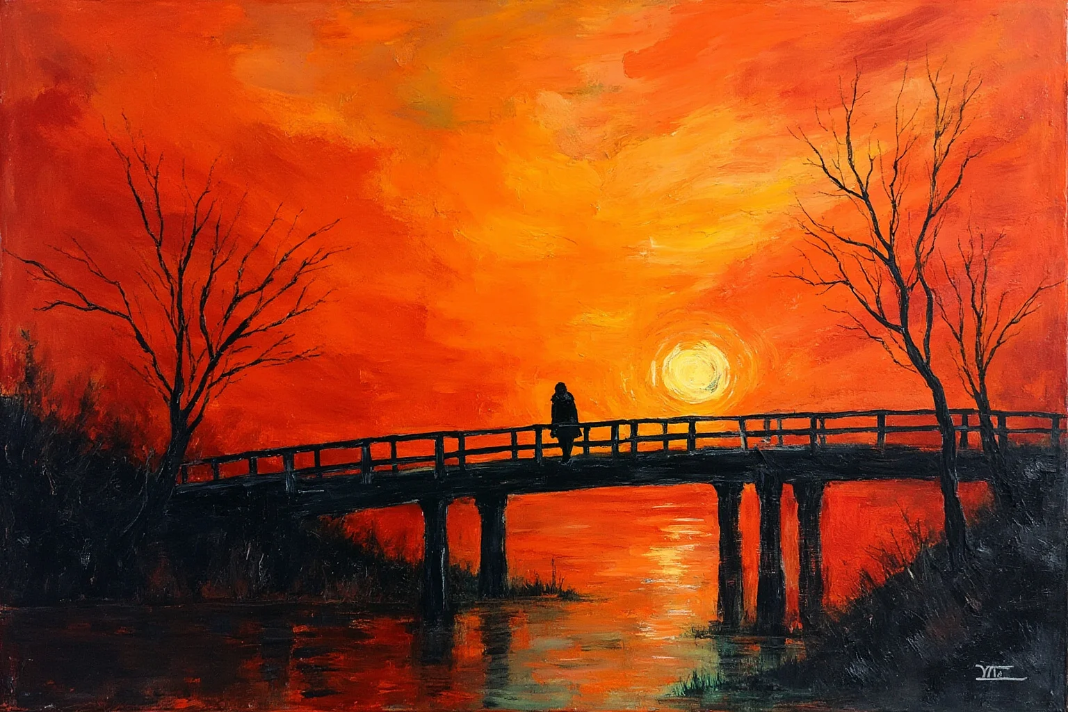 The Most Famous Historical Paintings in the World 6 An expressionist painting of a lone figure on a bridge under a swirling orange and red sky