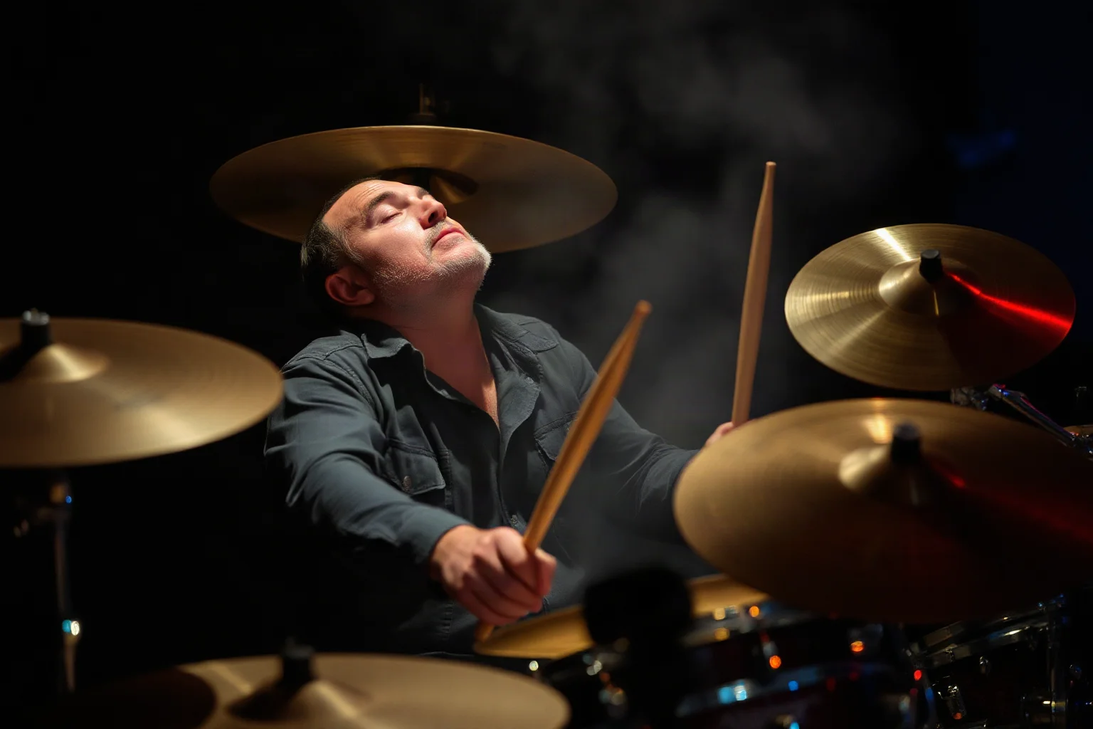 An expressive jazz drummer surrounded by cymbals, playing with eyes closed in a spiritual, moody atmosphere