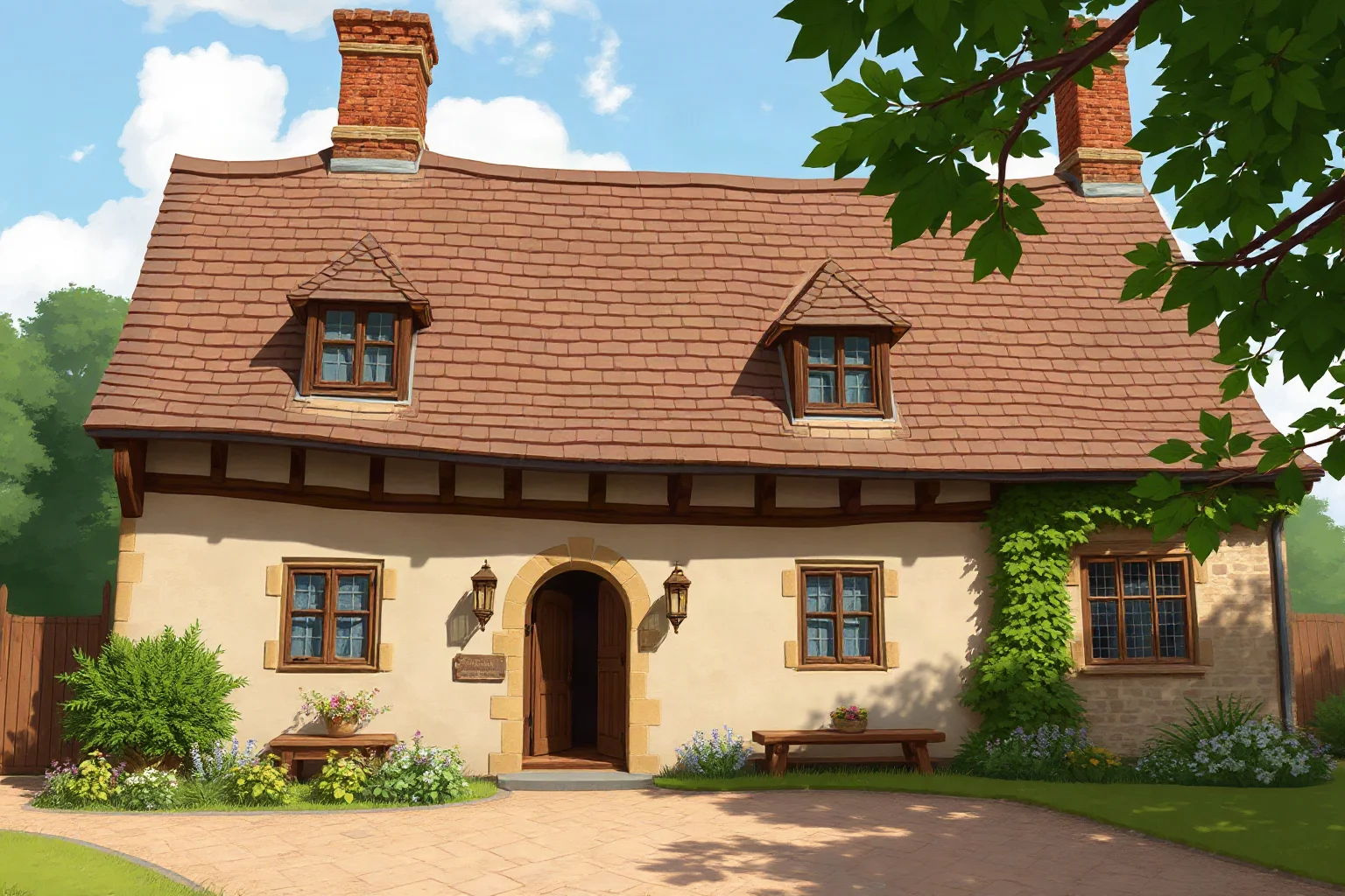 An exterior view of a modest medieval English manor house, stone and timber, illustrative style