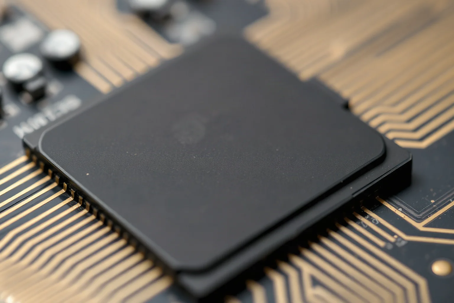An extreme close-up of an early small electronic chip with visible circuit lines
