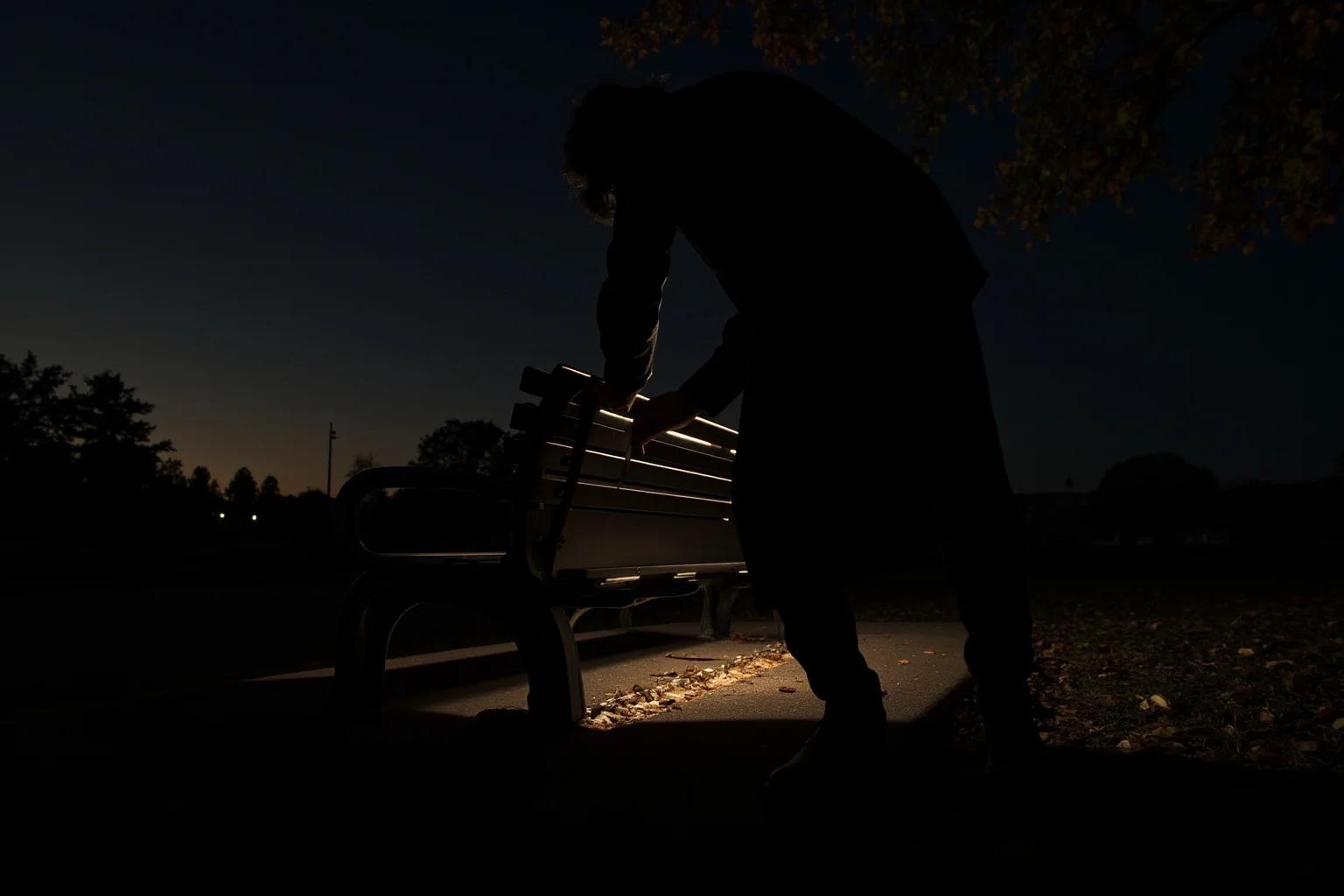 An FBI agent's silhouette placing an envelope beneath a park bench at dusk, autumn leaves scattered nearby