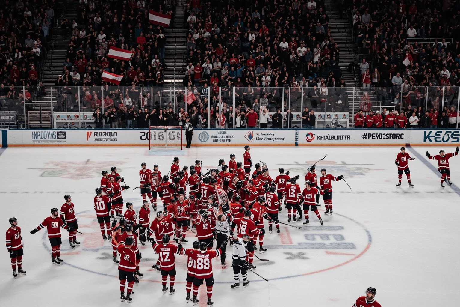 An ice hockey rink with young amateur players in matching jerseys celebrating an underdog Olympic upset, crowd waving flags