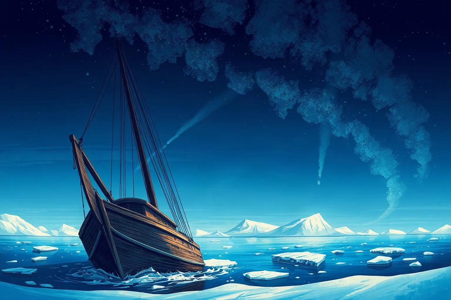 An ice-locked wooden sailing ship under a vast Antarctic sky, dramatic illustrative style