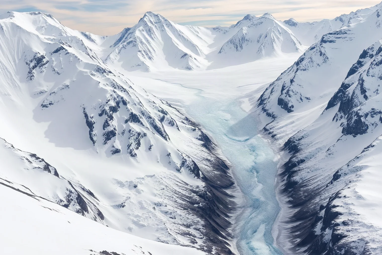An icy mountain range with thick glaciers carving through valleys, showing classic ice age terrain features