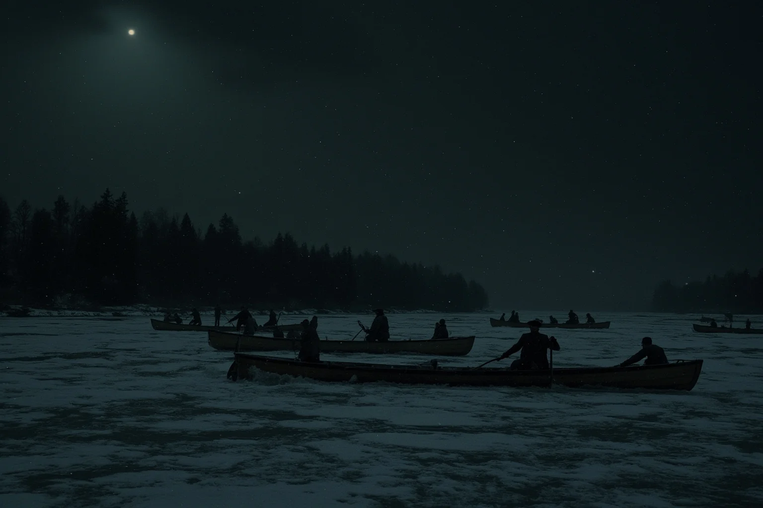 22 of the Greatest Comeback Stories in History 10 An icy river crossing at night with rowboats and silhouetted soldiers under a dark winter sky