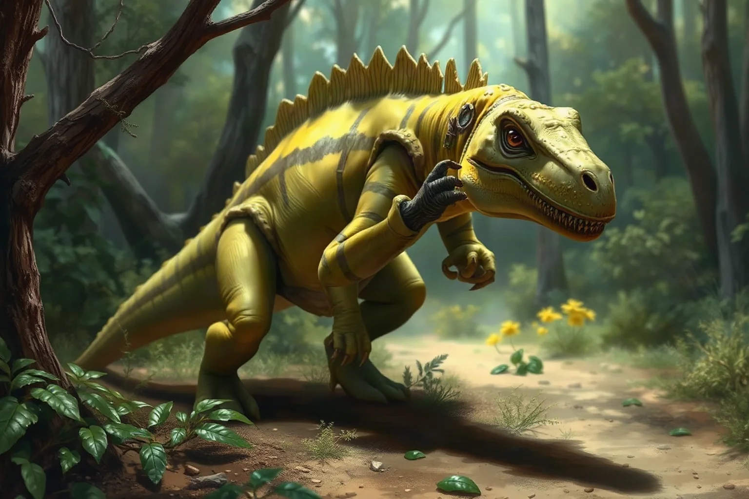 An Iguanodon standing on all fours browsing shrubs with its spiked thumb visible, realistic paleoart style