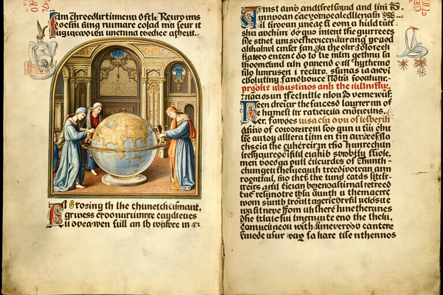 An illuminated medieval manuscript page depicting scholars studying a globe with astronomical instruments
