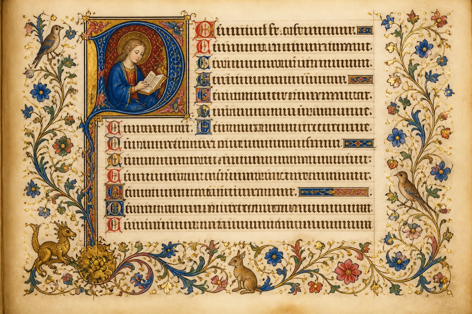 An illuminated medieval manuscript page with French Gothic script and decorative borders, no readable real text