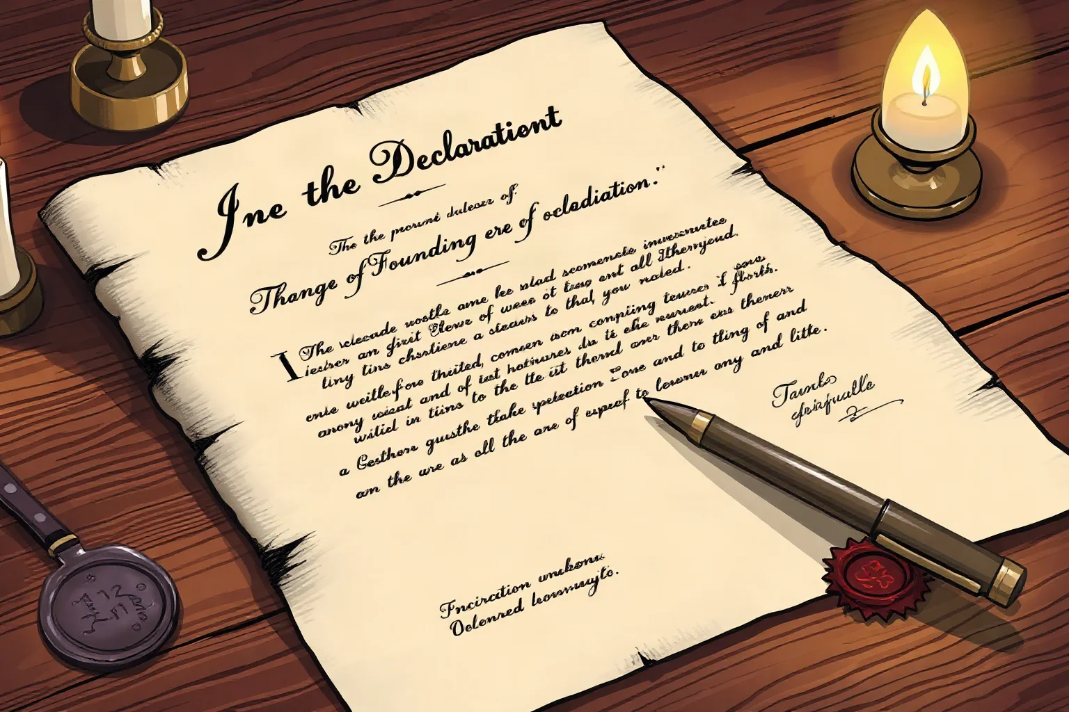 An illustrated 18th-century document with a quill pen and wax seal on a wooden desk, candlelight, representing a founding-era declaration, no readable text.