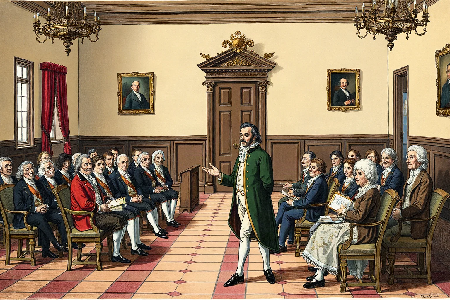 An illustrated 18th-century French nobleman in formal dress addressing an assembly hall, historical painting style