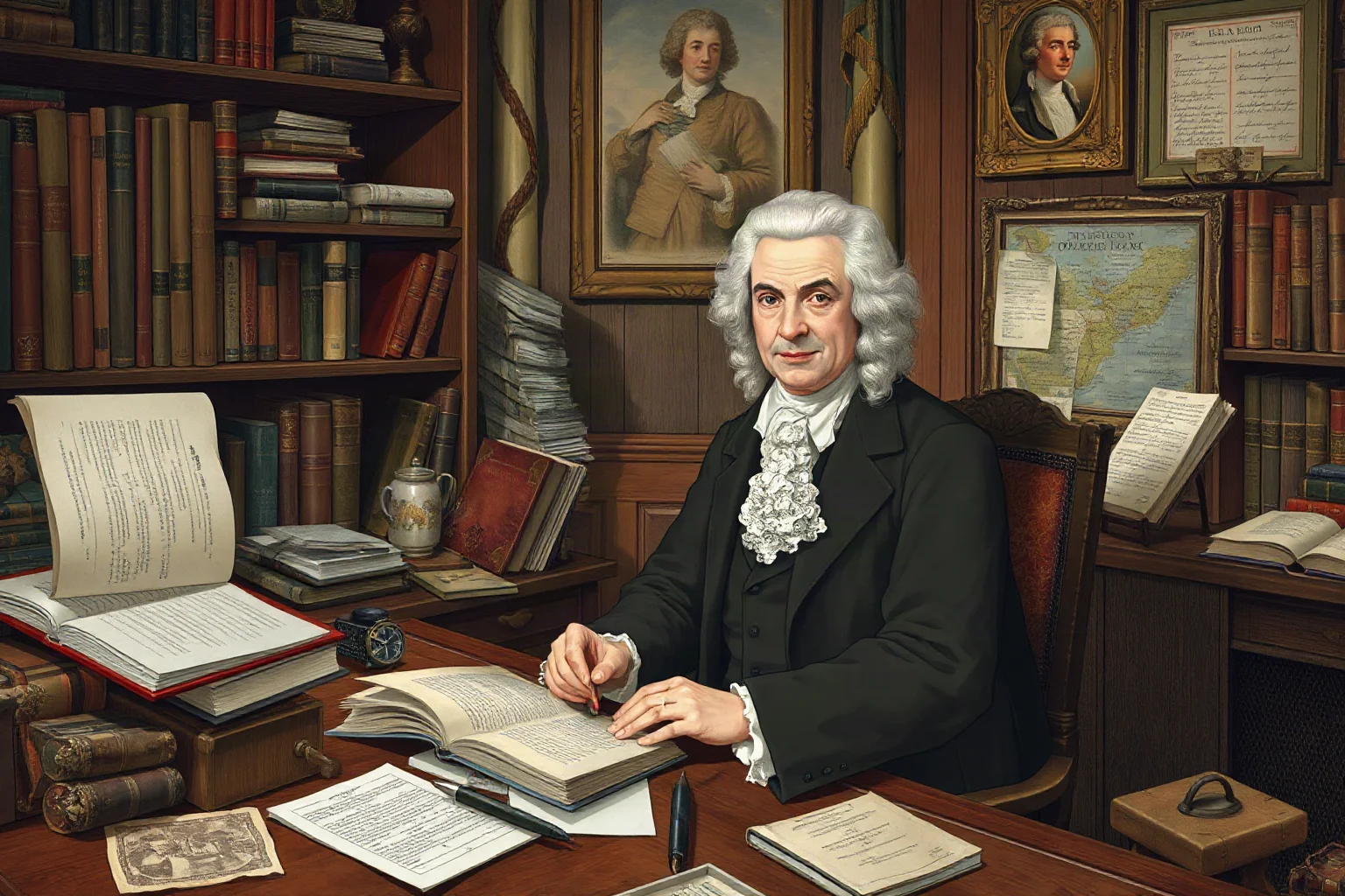 An illustrated 18th-century French philosopher surrounded by books and papers in a study, historical painting style
