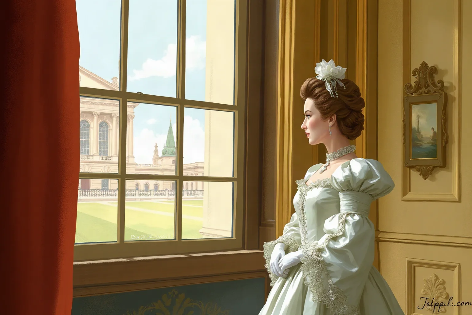 An illustrated 18th-century French queen in an elegant gown looking out a palace window, painterly historical style