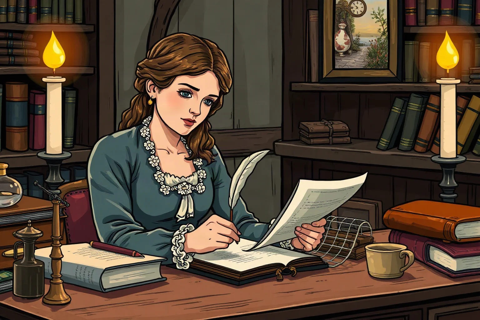 An illustrated 18th-century French woman writer at a writing desk with quill and paper, candlelit historical scene