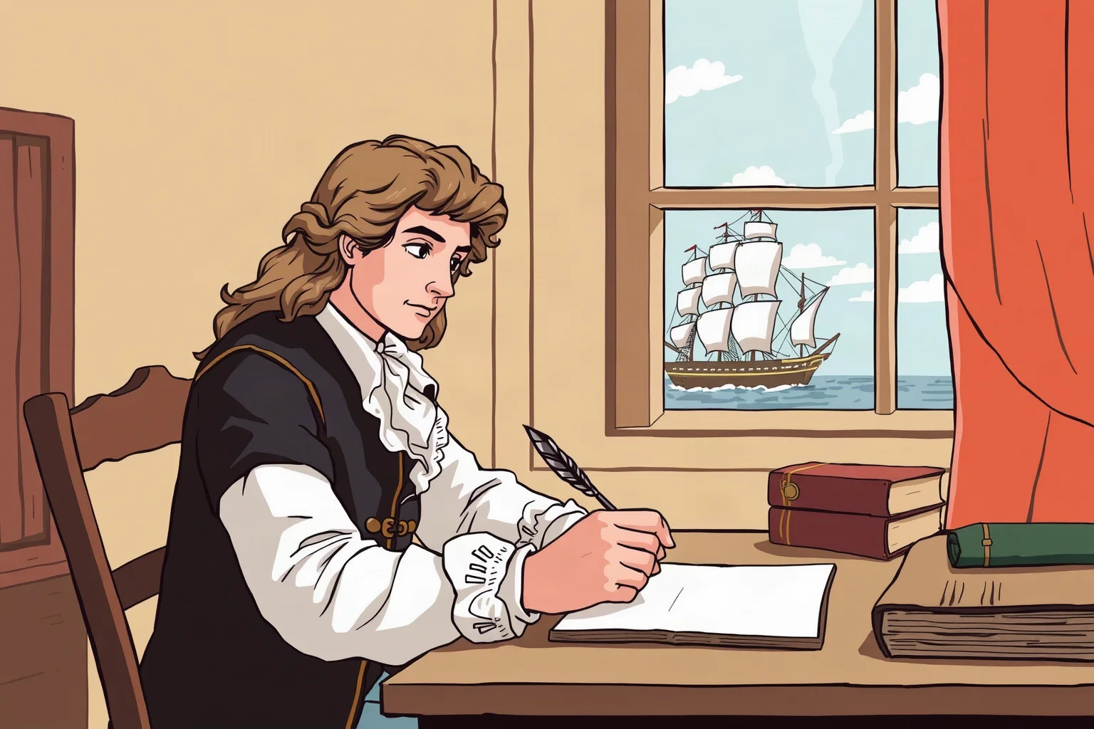 An illustrated 18th-century writer with a quill, seated at a desk with an ocean voyage ship visible through a window
