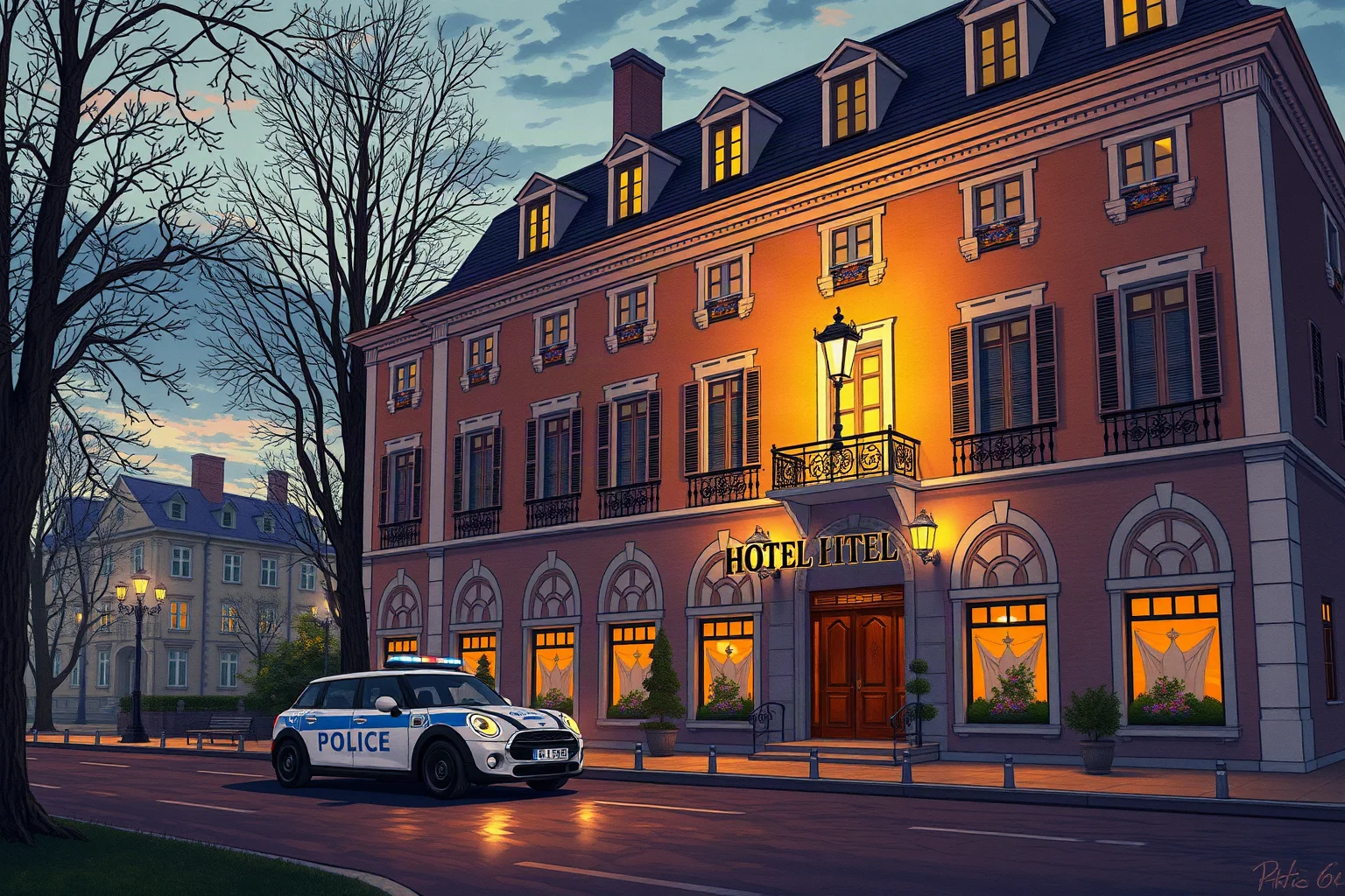 An illustrated 1910s European hotel exterior at dusk with a police car outside
