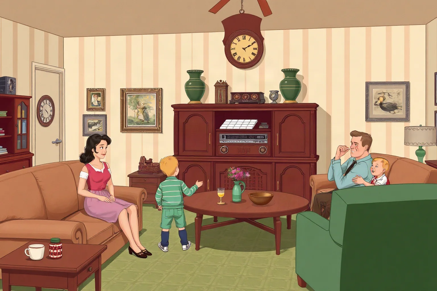 An illustrated 1940s American living room with a family gathered around a large wooden radio cabinet