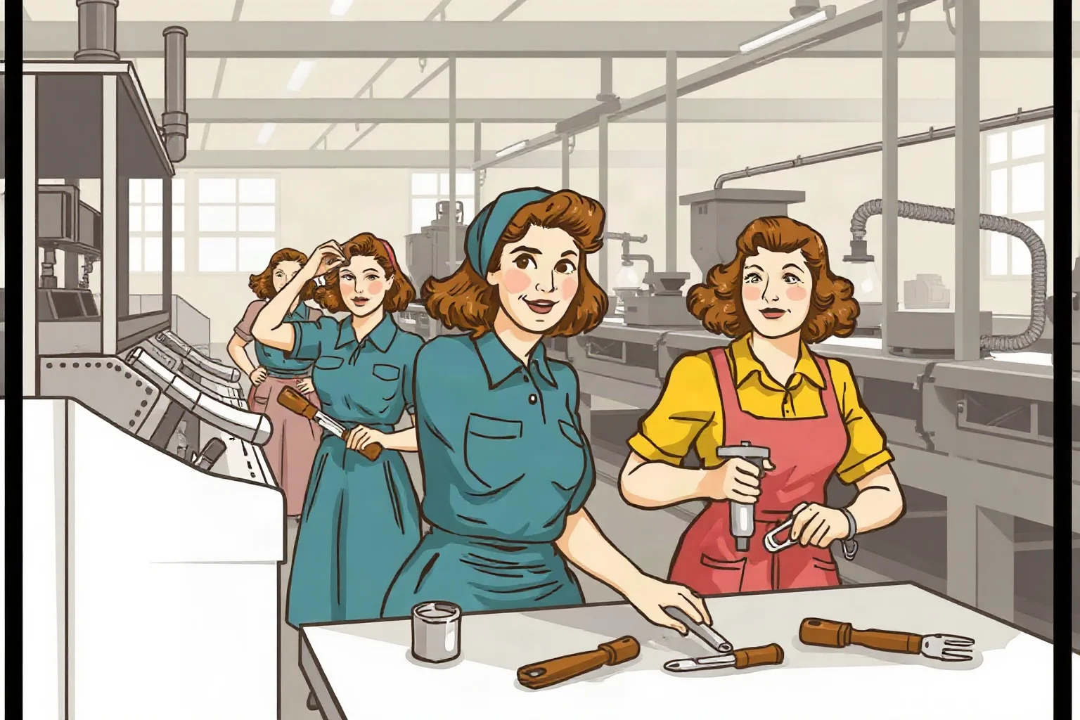 An illustrated 1940s factory scene showing women working with tools and machinery, empowering tone