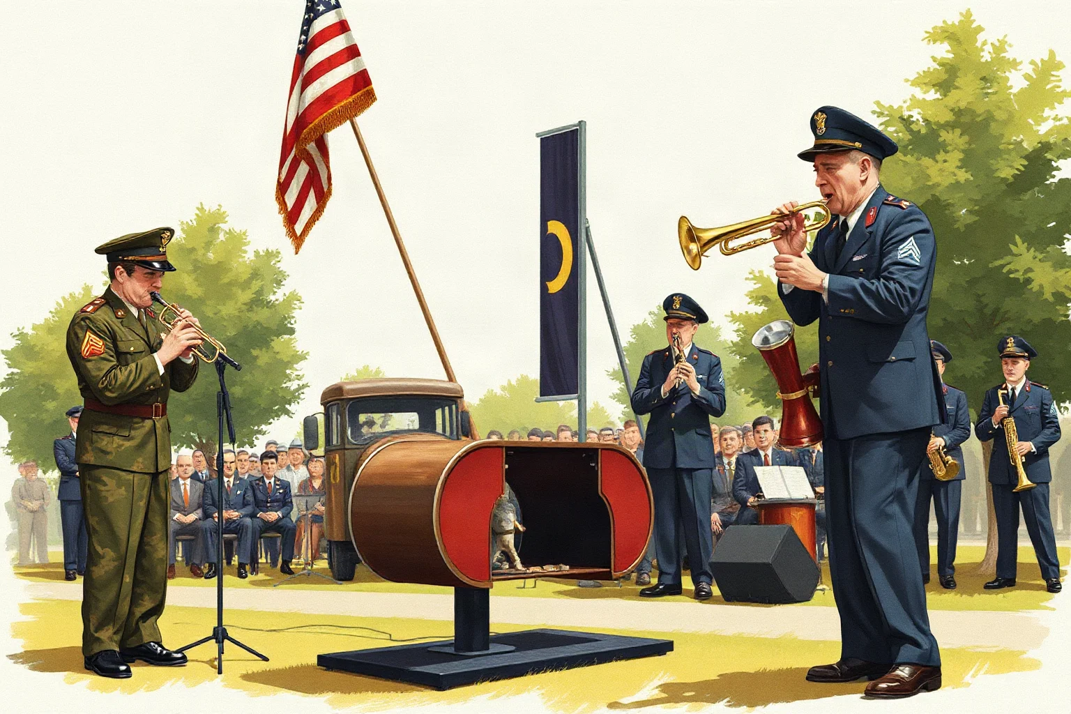 An illustrated 1940s swing band performing outdoors at a military base send-off event