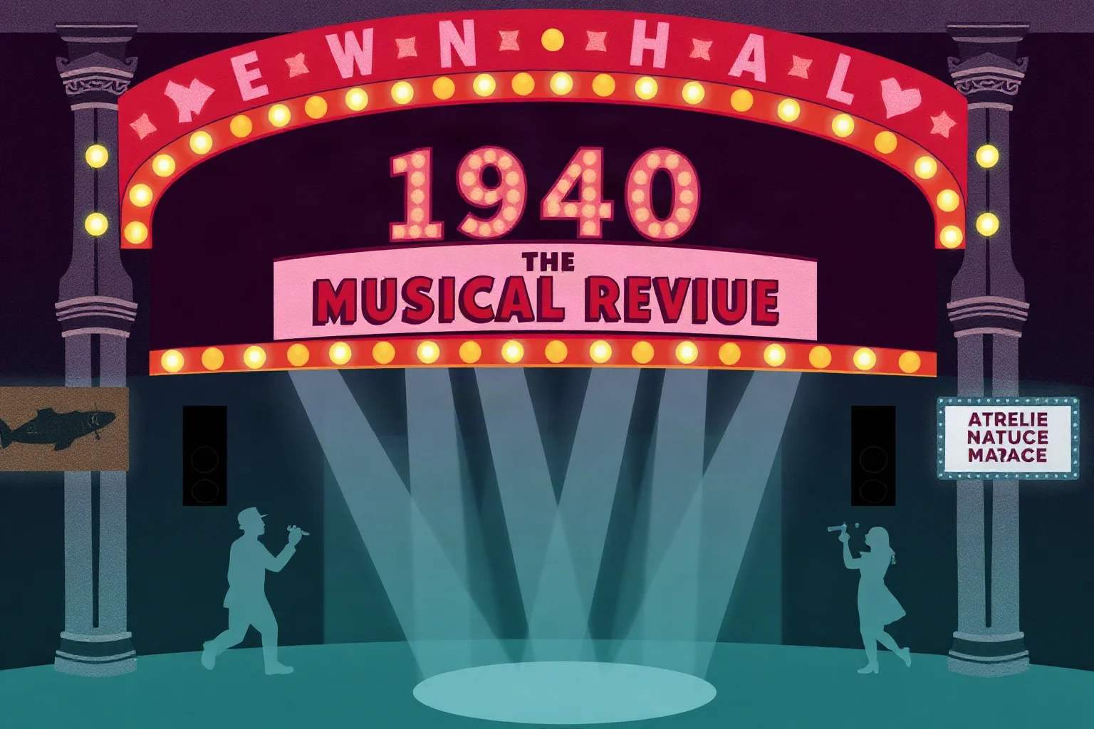 An illustrated 1940s theater marquee and stage scene suggesting a wartime musical revue